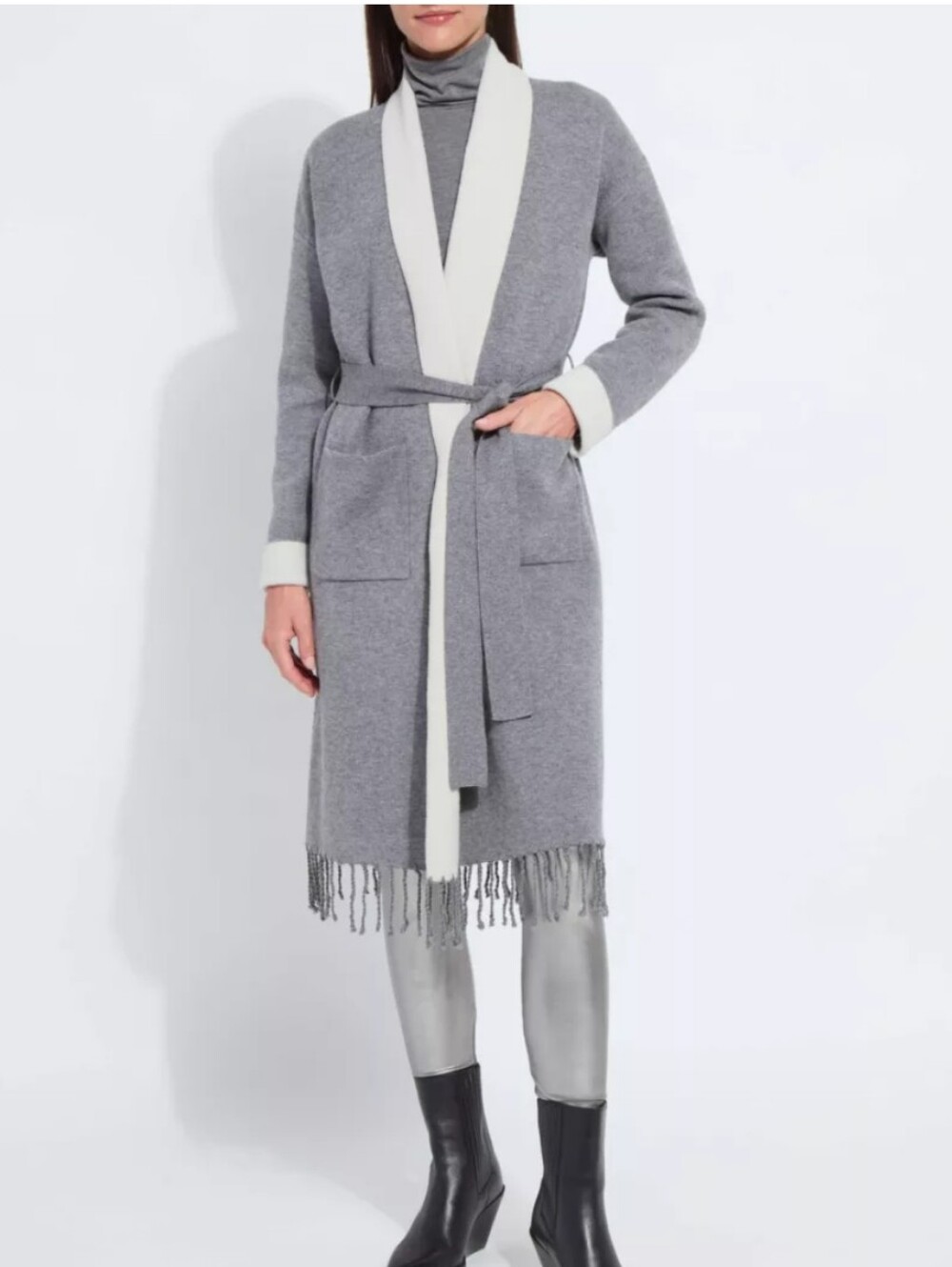 Lysse Gray and Cream Fringe Belted Cardigan